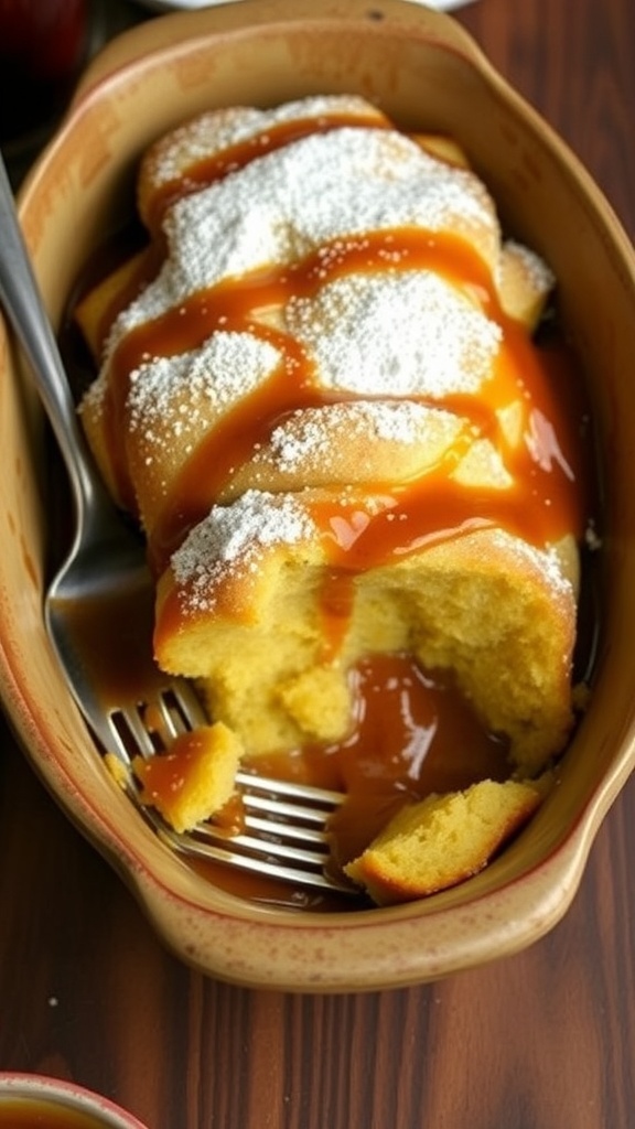 A warm bread pudding topped with rum sauce, served in a rustic dish with powdered sugar on top.